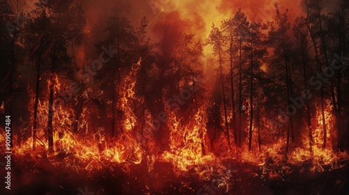 A wildfire engulfs a forest, with bright flames consuming trees and thick smoke rising into the sky. Generative AI