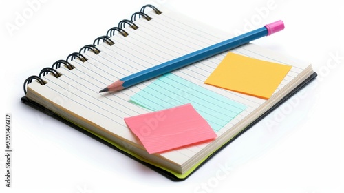 Organized Workspace with Open Spiral Notebook, Pencil, and Sticky Notes on White Background