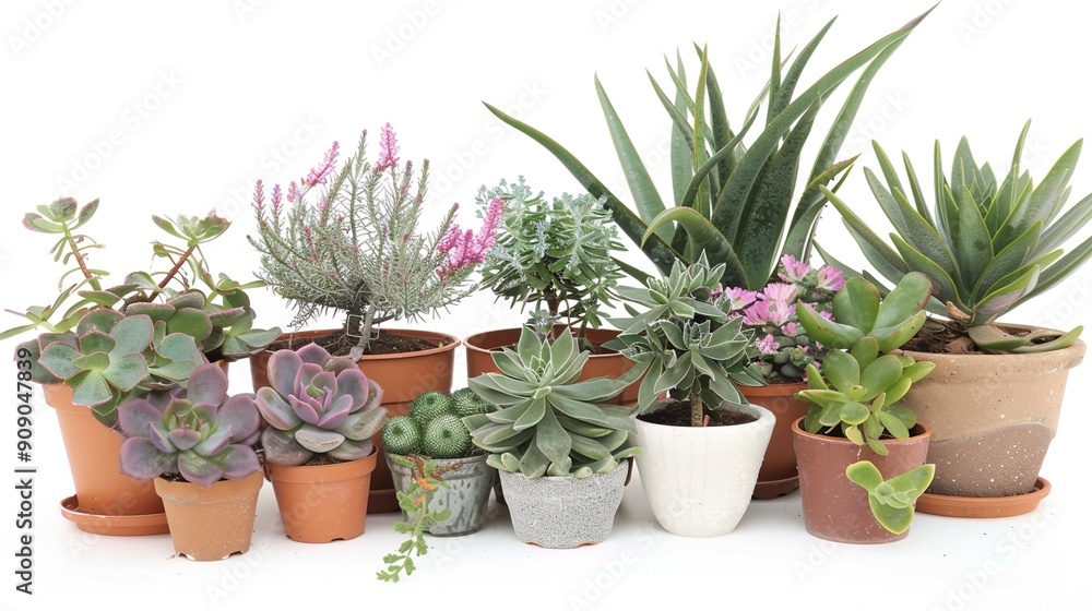 Fototapeta premium The Stunning Various Types of Succulent Indoor Plants Potted for Landscaping against a White Background: A Harmonious Blend of Nature and Aesthetics. Offering a Serene and Inviting Visual Experience.