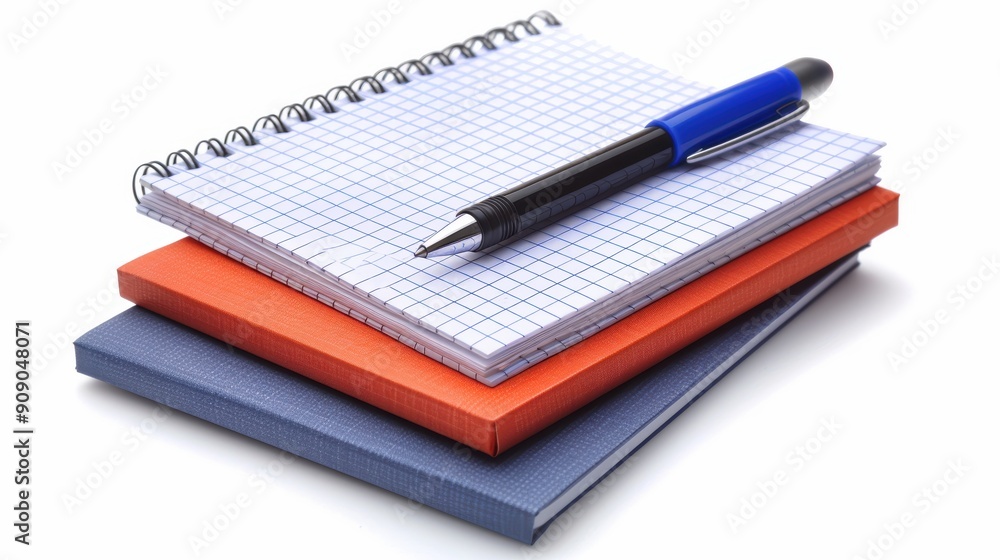Organized Workspace - Stack of Graph Paper Notebooks with Pen on White Background Organized Workspace - Stack of Graph Paper Notebooks with Pen on White Background