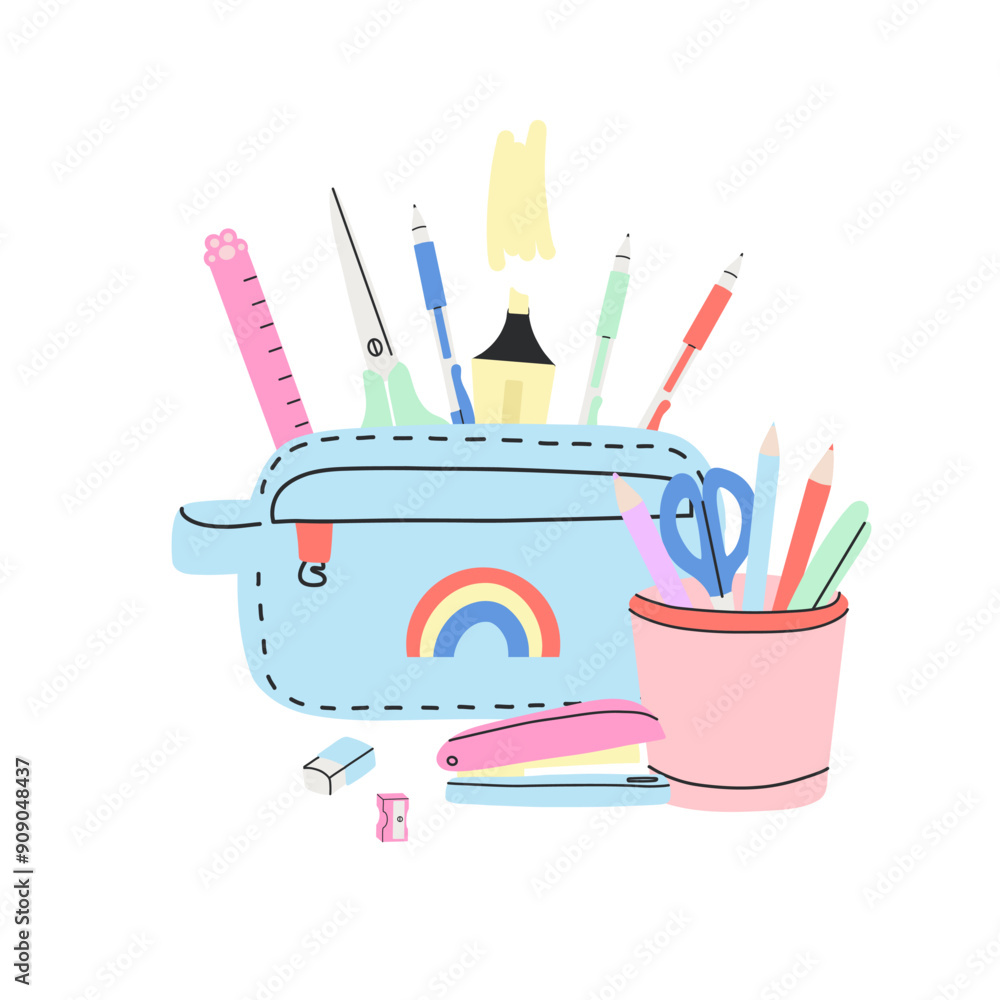 School supplies. Cute stationery. Case, pen and pencil. Study books. Stapler and glue. Adhesive tape and paper notes. Scissors or highlighter marker. Education vector cute cartoon illustration School supplies. Cute stationery. Case, pen and pencil. Study books. Stapler and glue. Adhesive tape and paper notes. Scissors or highlighter marker. Education vector cute cartoon illustration