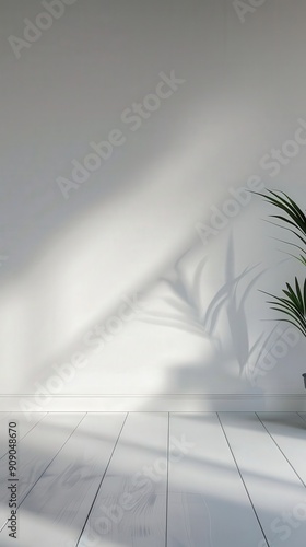 A tranquil space featuring a minimalist design  accented by soft shadows cast by a potted plant on a clean  bright wall