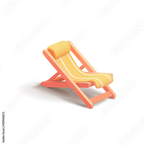 Yellow minimalist beach chair for relaxation, 3D. Beautiful modern image for advertising concepts of vacation, relaxation, pleasure, and comfort. Vector illustration.