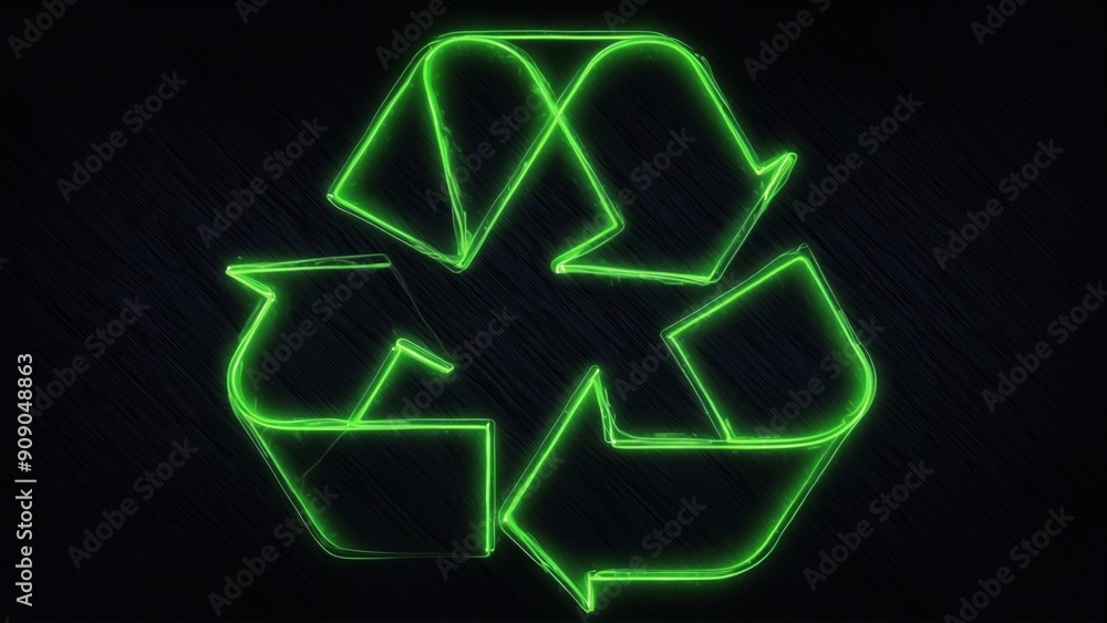 A neon green recycling symbol on a dark background A neon green recycling symbol on a dark background
