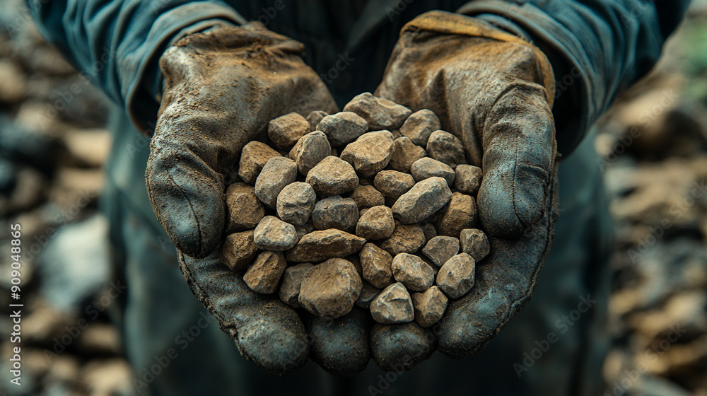 miner in rugged gloves holds raw minerals, showcasing the rough beauty of natural resources. This image captures the essence of hard work, dedication, and the intrinsic value of earth's treasures miner in rugged gloves holds raw minerals, showcasing the rough beauty of natural resources. This image captures the essence of hard work, dedication, and the intrinsic value of earth's treasures