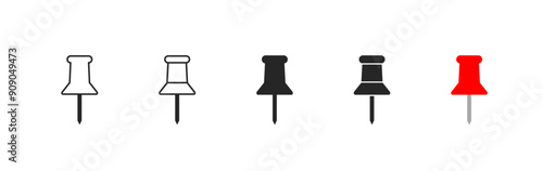 Push pin icon set in black and red color solid outline flat style. social media, Instagram pin icon. needle, pinned, attach, and note symbol. outlined, flat, vector icon, thumbstick, Paperclip.