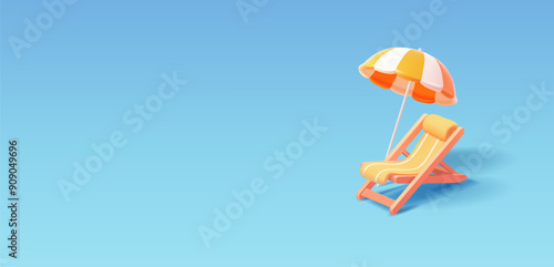 Beach chair, sun umbrella, 3D. For advertising rest, relaxation, hotels, bright summer, coolness near the ocean, the sea. Vector illustration.