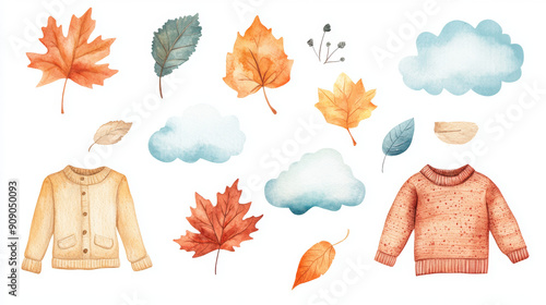 A watercolor set featuring autumn leaves, a cloud, and cozy sweaters, perfect for seasonal and fall-themed designs.
 photo