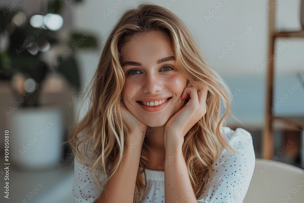 Photo of beautiful happy woman looking at camera while sitting at office Photo of beautiful happy woman looking at camera while sitting at office