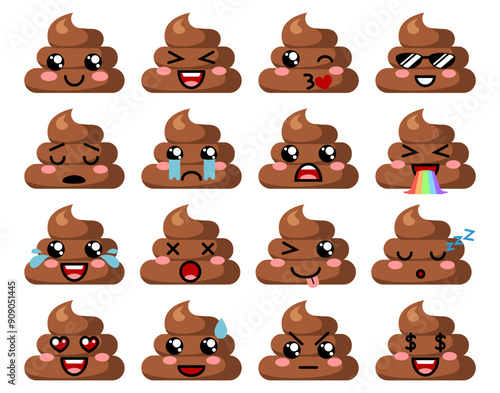 Poop emoji set. Collection of shit with different moods. Set of poo with different expressions of faces. Vector illustration isolated on white background