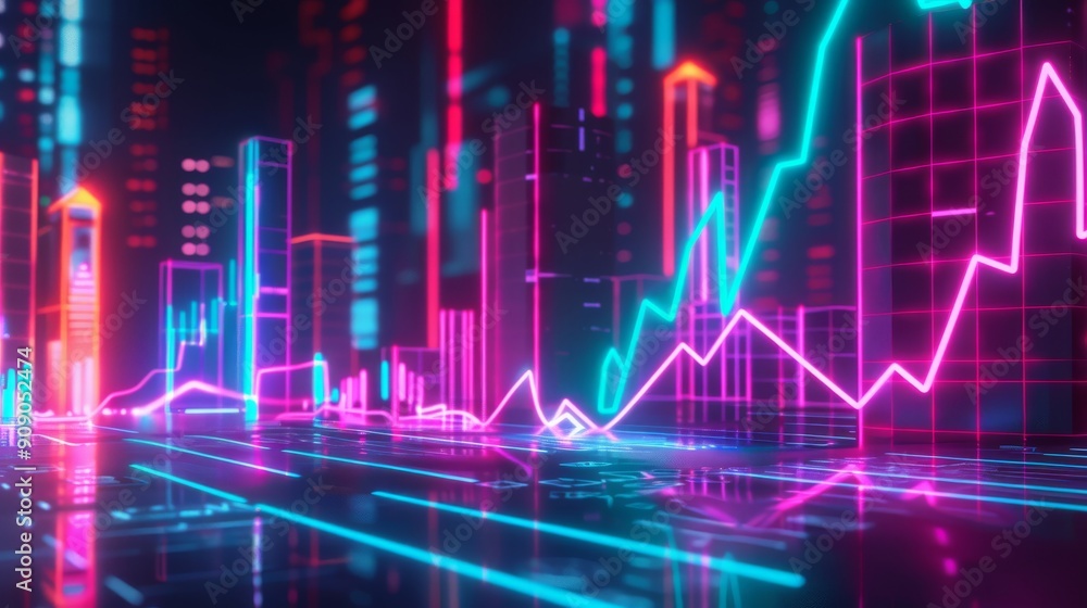 Neon Cityscape with Abstract Lines and Upward Trend Neon Cityscape with Abstract Lines and Upward Trend