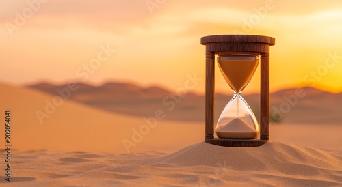 An hourglass in the desert, with sand pouring from it as time flies.