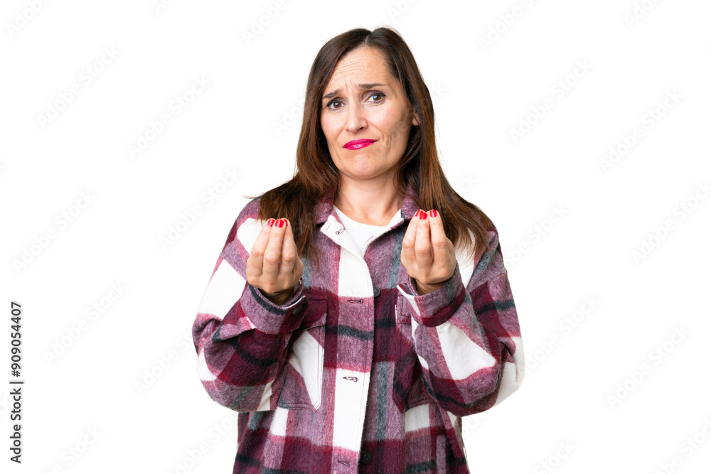 Middle age woman over isolated chroma key background making money gesture but is ruined Middle age woman over isolated chroma key background making money gesture but is ruined