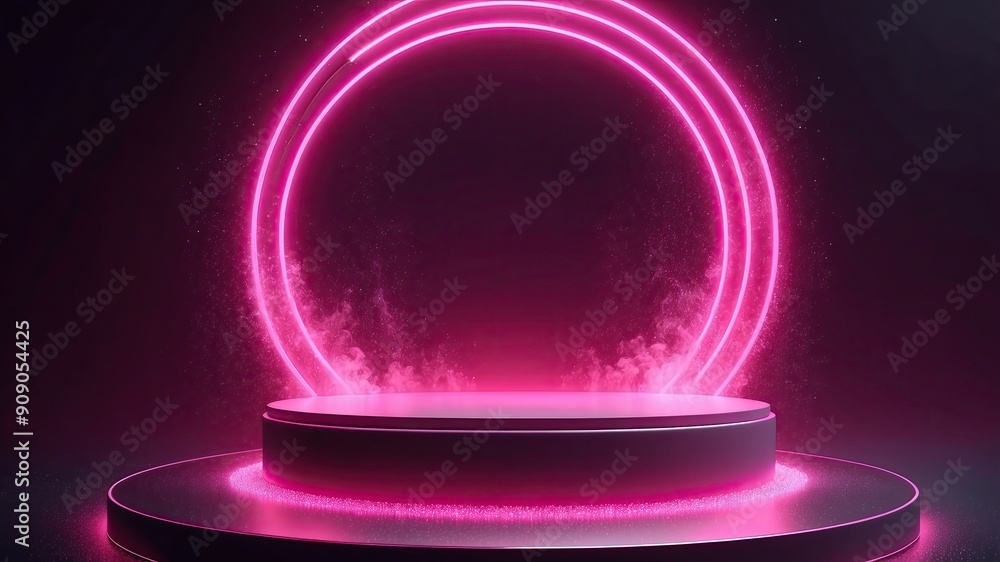 Abstract round electric light frame with sparkles in fog on the pink podium on dark background Abstract round electric light frame with sparkles in fog on the pink podium on dark background