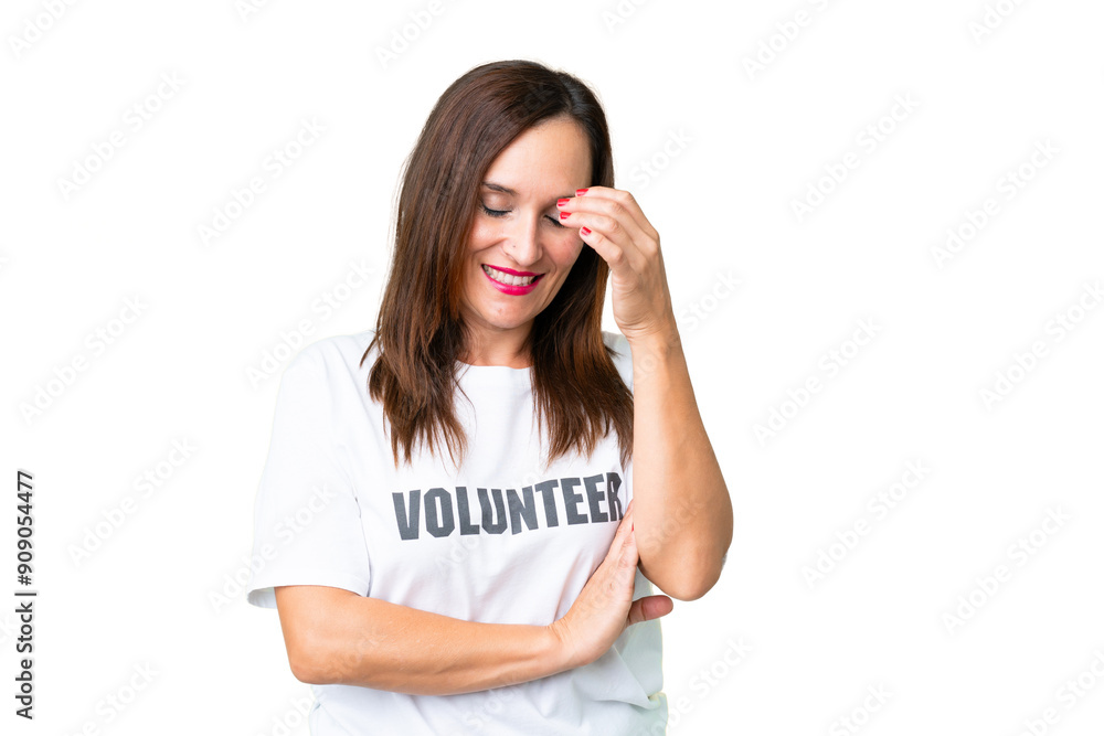 Middle age volunteer woman over isolated chroma key background laughing Middle age volunteer woman over isolated chroma key background laughing