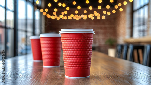 Red Solo cups scattered on a table with a blurry background of partygoers, symbolizing celebration, camaraderie, and the spontaneous joy of social gatherings photo