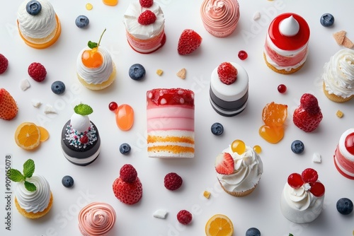 A colorful assortment of decorated desserts featuring cakes, berries, and cream in a playful arrangement on a white background. photo