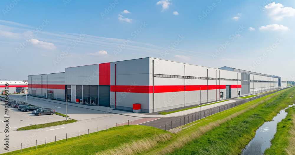 Exterior of a gray industrial warehouse dock station with white walls and red edges, surrounded by green grass. Commercial storehouse building, business unit, cargo factory, distribution, logistics. Exterior of a gray industrial warehouse dock station with white walls and red edges, surrounded by green grass. Commercial storehouse building, business unit, cargo factory, distribution, logistics.