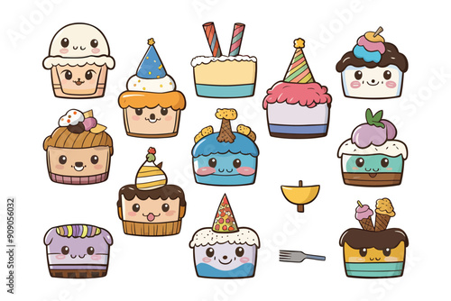 Set of vector cute cartoon cake slices, different flavors and emojis, isolated on white background
