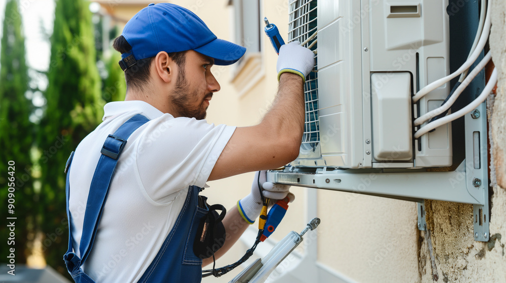 Professional air conditioning technician repairing, cleaning, or installing an air conditioner or heat pump outdoors. HVAC repair, installing an AC, cooling system maintenance. Professional air conditioning technician repairing, cleaning, or installing an air conditioner or heat pump outdoors. HVAC repair, installing an AC, cooling system maintenance.