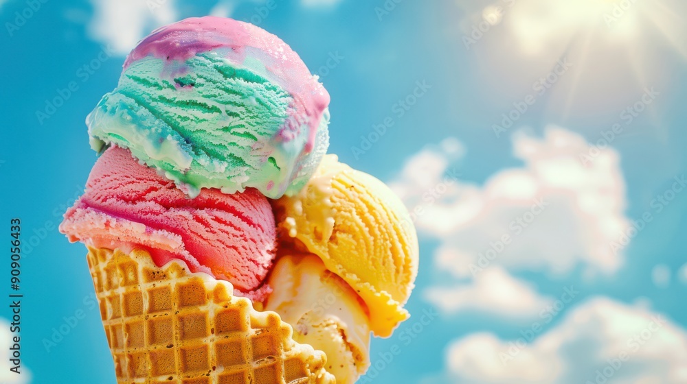 Vibrant and beautiful scene of colorful ice cream in a waffle cone at midday.