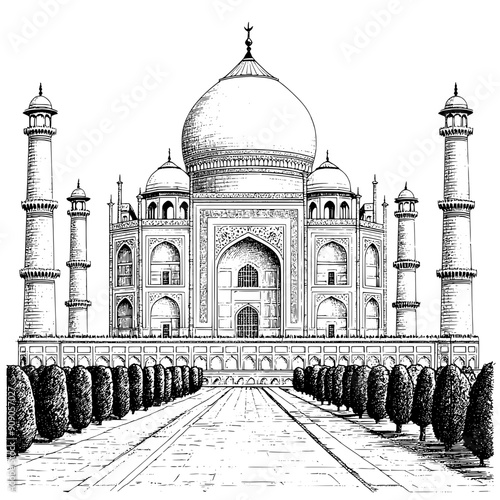 Depiction of the Taj Mahal, with its large dome and surrounding minarets, vector illustration art