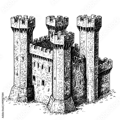 Detailed drawing of a medieval castle with tall towers, fortified walls, and central keep, vector illustration art