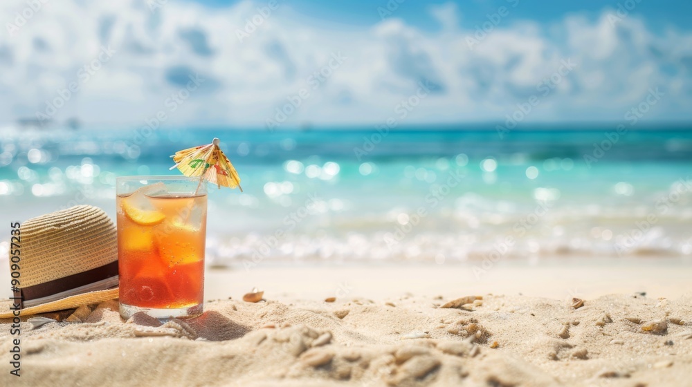 A refreshing iced tea with lemon is placed on a sandy beach beside a stylish hat, under a sunny sky, evoking a sense of relaxation and summer vacation vibes. A refreshing iced tea with lemon is placed on a sandy beach beside a stylish hat, under a sunny sky, evoking a sense of relaxation and summer vacation vibes.