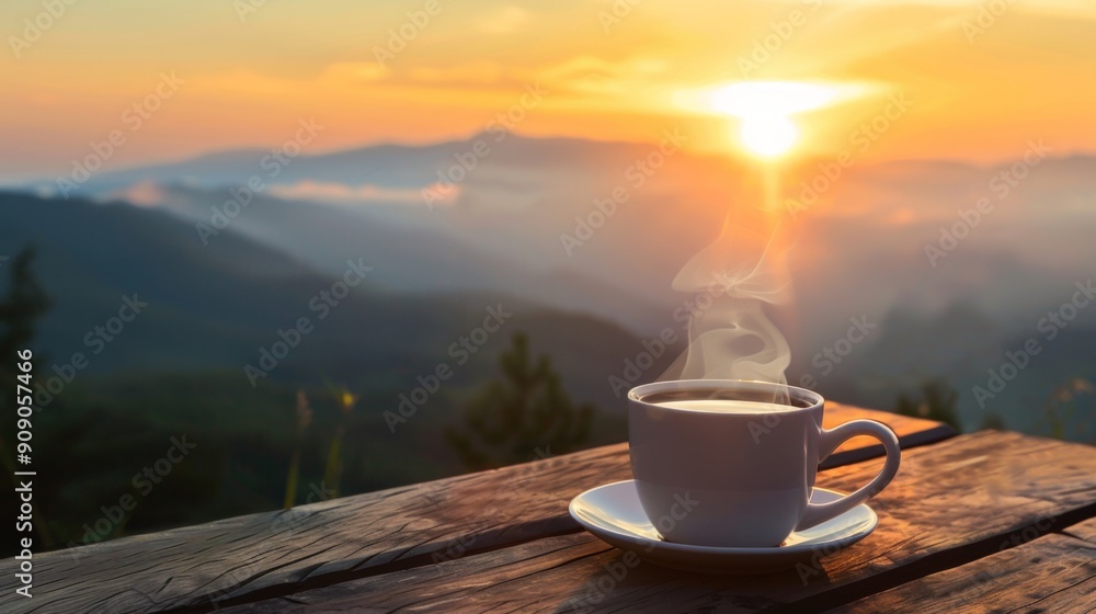 A steaming cup of coffee on a table with a mesmerizing view of the sunrise over misty mountains, offering a spectacular start to the day with warmth and serenity. A steaming cup of coffee on a table with a mesmerizing view of the sunrise over misty mountains, offering a spectacular start to the day with warmth and serenity.