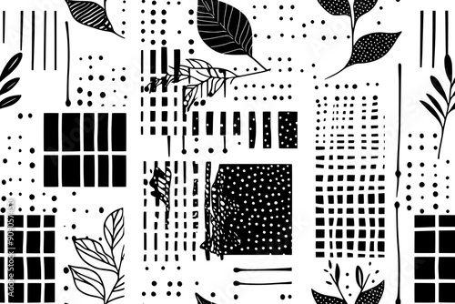 Grid-based embroidery pattern with lines, dots, and leaf-like elements, seamless pattern vector