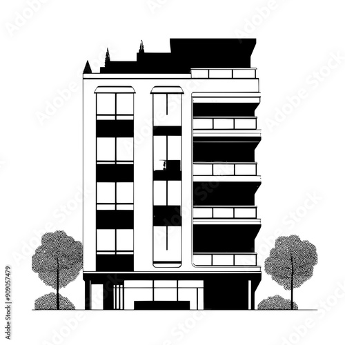 High-rise residential with staggered balconies, large windows, rooftop terrace, vector illustration art