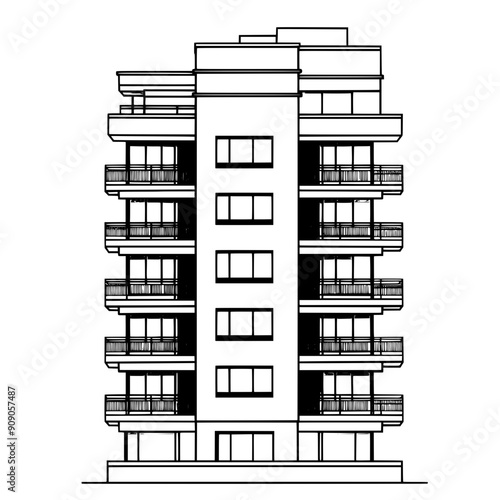 High-rise residential with staggered balconies, large windows, rooftop terrace, vector illustration art