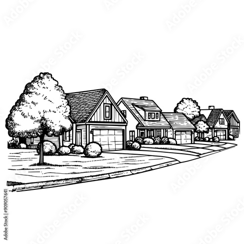 Line of suburban houses with front lawns, driveways, various roof styles along a quiet street, vector illustration art