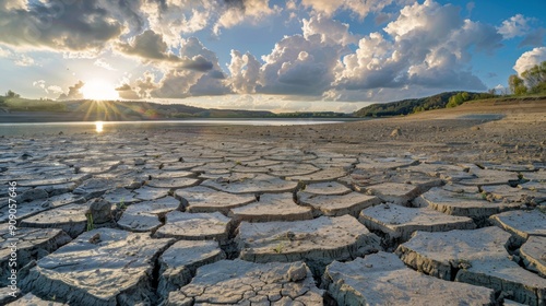 A scenic view of parched earth with deep cracks under a bright sky, showcasing the impacts of drought and climate change on the environment. photo