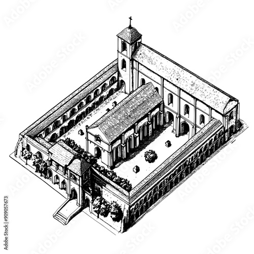Medieval monastery with central cloister and arcaded walkways, vector illustration art