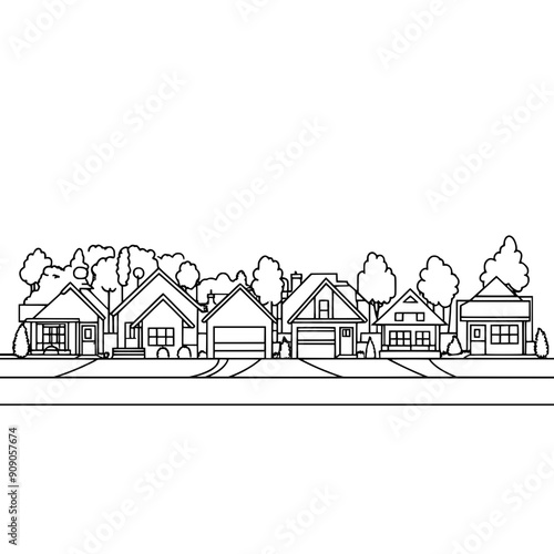 Line of suburban houses with front lawns, driveways, various roof styles along a quiet street, vector illustration art