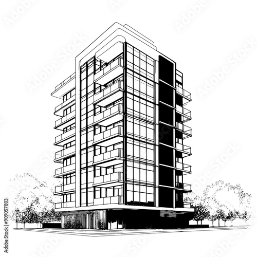 Modern condominium building with glass windows and terraces, vector illustration art