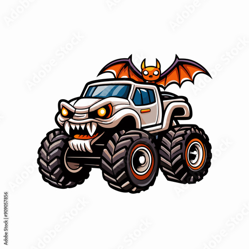 A cartoon Halloween monster truck with a little bat on the side.