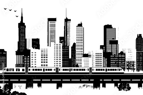 Panoramic illustration of an urban skyline with varied architectural styles and a comprehensive transportation system, vector illustration art