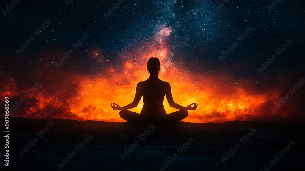 serene silhouette of a person meditating against a vibrant sunset backdrop, symbolizing peace, introspection, and connection with nature. The tranquil scene evokes a sense of mindfulness and spiritual serene silhouette of a person meditating against a vibrant sunset backdrop, symbolizing peace, introspection, and connection with nature. The tranquil scene evokes a sense of mindfulness and spiritual
