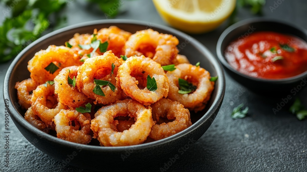 Fried calamari with marinara sauce, copy space. delicious seafood. Fried calamari with marinara sauce, copy space. delicious seafood.