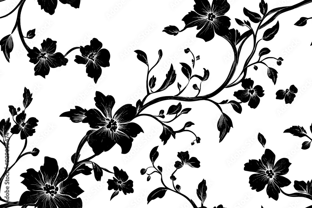 Stylized floral motifs connected by a flowing vine in traditional arrangement, seamless pattern vector Stylized floral motifs connected by a flowing vine in traditional arrangement, seamless pattern vector