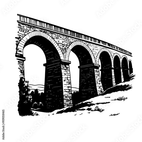 Roman aqueduct with tiers of arches, spanning a wide valley, vector illustration art