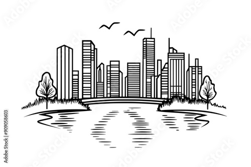 Illustration of a city with a river and buildings lining both sides, vector illustration art