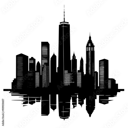 Skyline with skyscrapers, distinct shapes, reflective surfaces, illuminated tops at dusk, vector illustration art