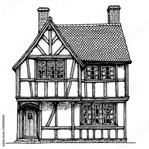 Tudor timber-framed house with steep roof and decorative half-timbering, vector illustration art