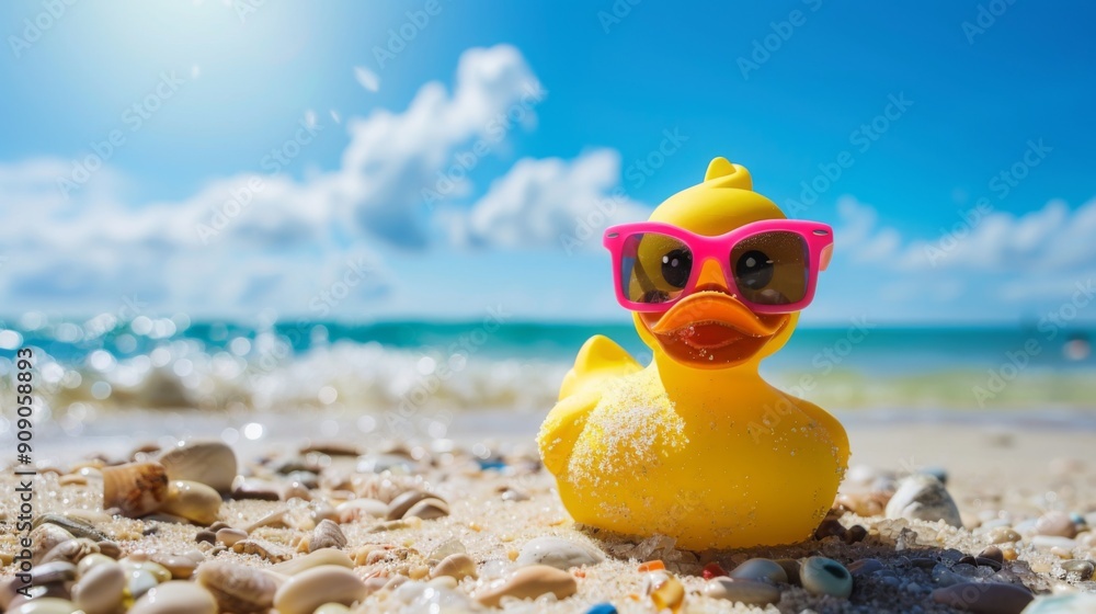 Obraz premium A yellow rubber duck with pink sunglasses sits on a sandy beach facing the ocean shore, embodying a playful and carefree summer atmosphere with a vibrant seaside backdrop.