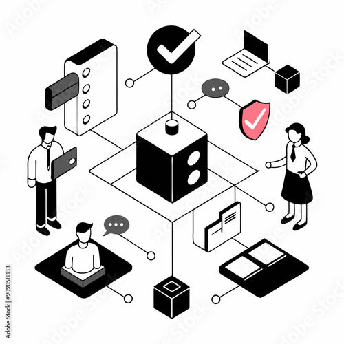 Isometric illustration of compliance concept with connected lines and a 3D icon.