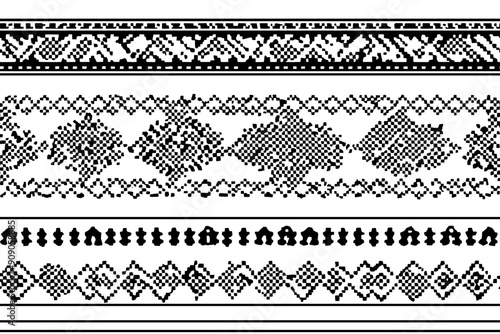 Traditional cross-stitch border pattern with continuous rows of lines and basic shapes, seamless pattern vector