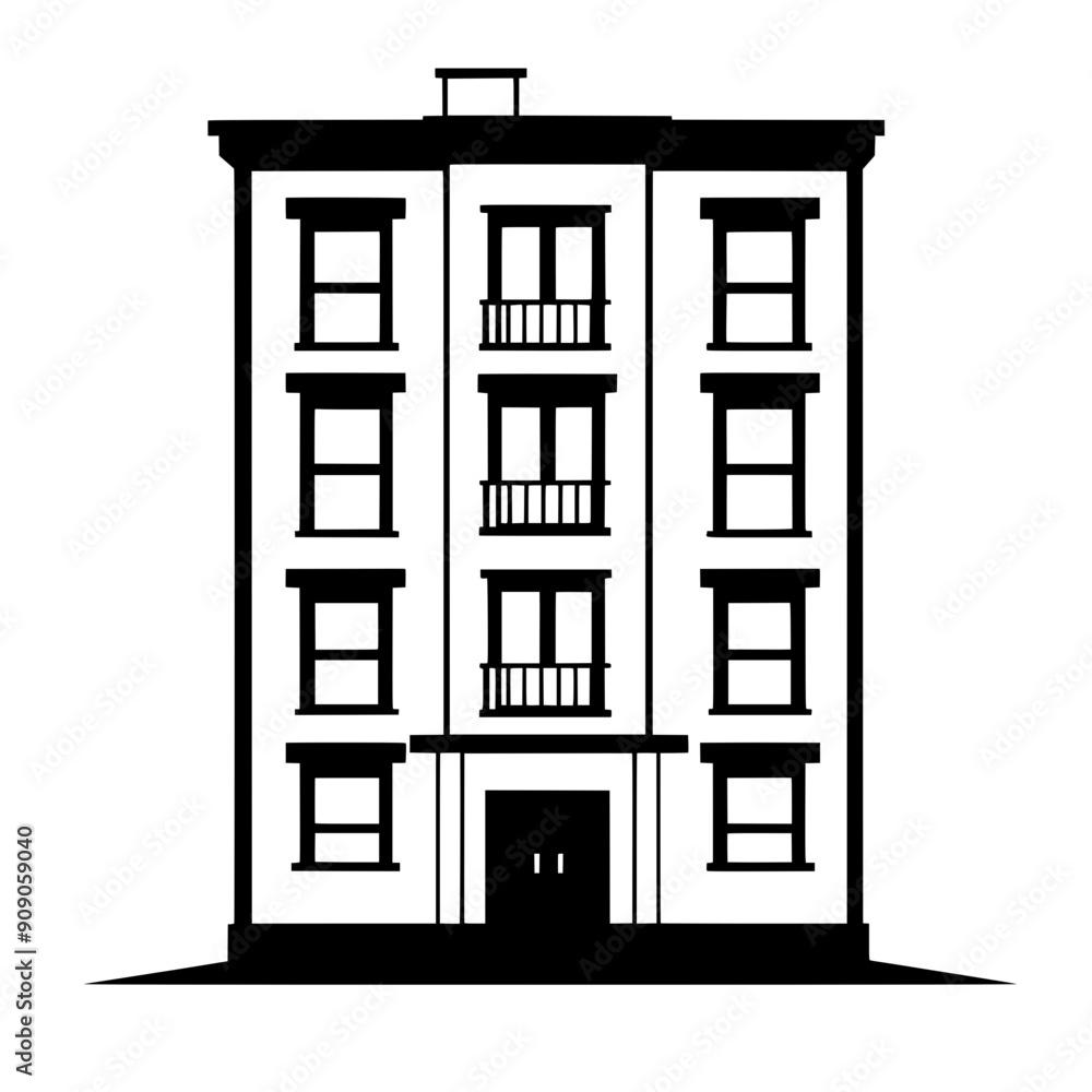 Apartment building with multiple floors, rectangular windows, and central entrance, vector illustration art Apartment building with multiple floors, rectangular windows, and central entrance, vector illustration art